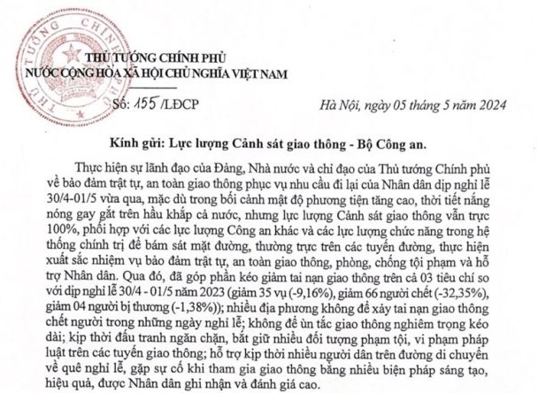 Thủ tướng Phạm Minh Chính gửi thư khen lực lượng Cảnh sát giao thông